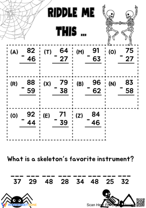 Halloween Two-Digit Subtraction Riddle Math Puzzle Worksheet