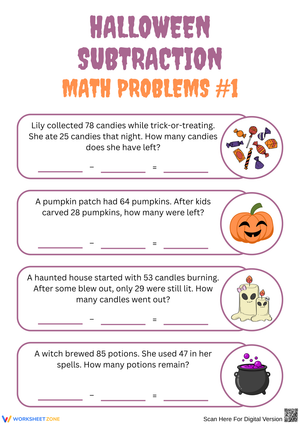 Halloween Subtraction Word Problems Math Puzzle Worksheet
