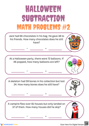 Halloween Two-Digit Subtraction Word Problems Worksheet