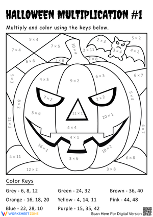 Halloween Multiplication Coloring Math Puzzle Worksheet