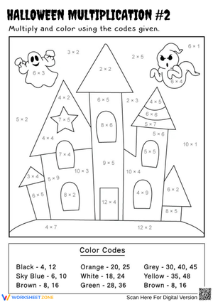 Halloween Multiplication Haunted House Coloring Math Worksheet