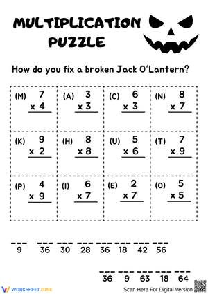 Halloween Multiplication Riddle Jack O’Lantern Puzzle Worksheet