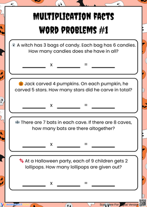 Halloween Multiplication Facts Word Problems Worksheet