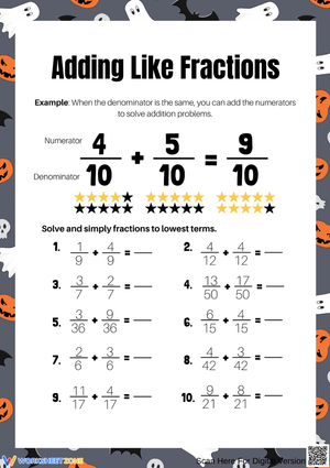 Halloween Adding Like Fractions Worksheet