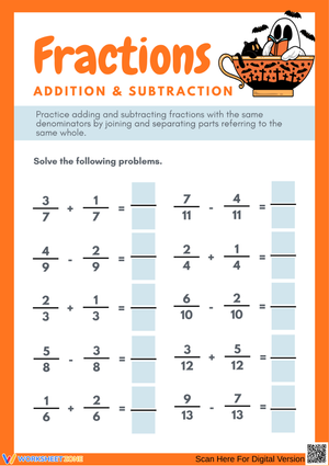 Halloween Fractions Addition and Subtraction Worksheet with Answers