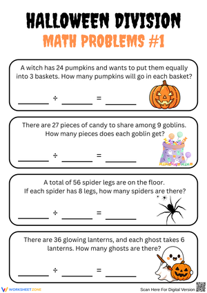Halloween Division Word Problems Math Puzzle Worksheet