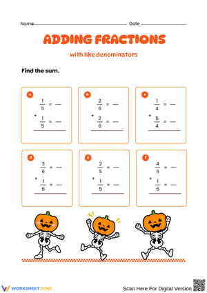 Halloween Adding Fractions with Like Denominators Worksheet