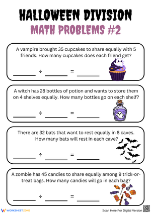 Halloween Division Facts Word Problems Puzzle Worksheet