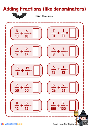 Halloween Adding Fractions Worksheet for Grade 5