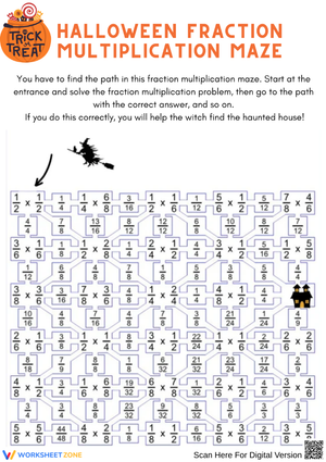 Halloween Fraction Multiplication Maze Worksheet