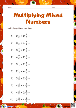 Halloween Multiplying Mixed Numbers Worksheet