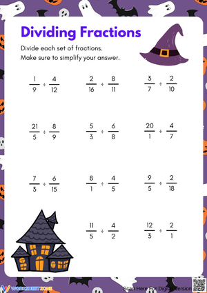 Halloween Dividing Fractions Worksheet