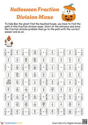 Halloween Fraction Division Maze Worksheet
