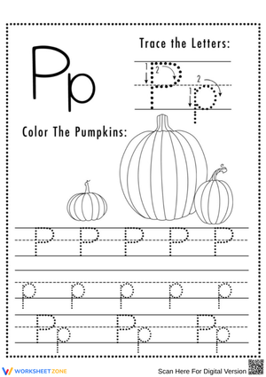 Halloween Letter P Tracing and Coloring Worksheet