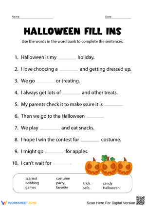 Halloween Fill-In-the-Blank Worksheet