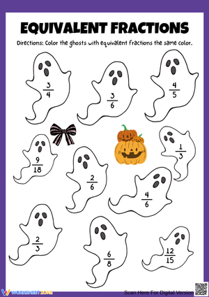 Halloween Ghostly Equivalent Fractions Coloring Worksheet