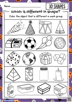 3D Shapes Difference Worksheet for Kids