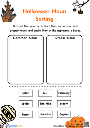 Halloween Noun Sorting Worksheet - Common vs Proper Nouns
