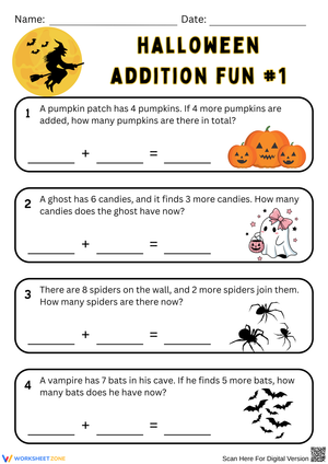 Halloween Fun Addition Word Problems Worksheet