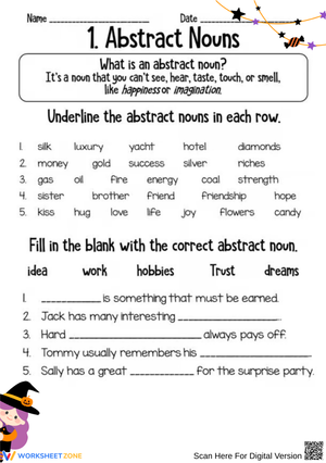 Halloween Abstract Nouns Worksheet for Kids
