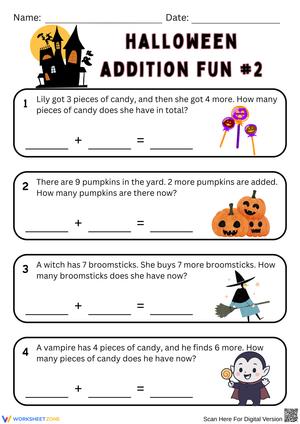 Haunted House Halloween Addition Word Problems Worksheet