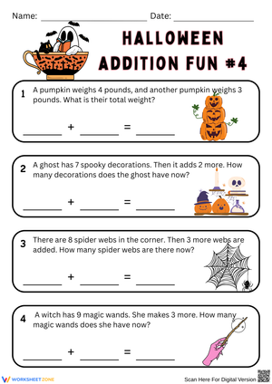 Halloween Fun Addition Word Problems Worksheet