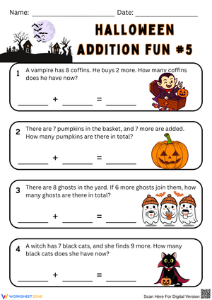 Halloween Vampire & Ghost Addition Word Problems Worksheet