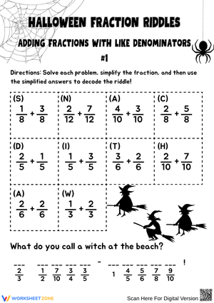 Halloween Fun Fraction Puzzle Worksheet for Grade 5