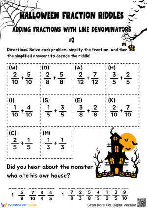 Halloween Spooky Adding Fraction Puzzle Worksheet 