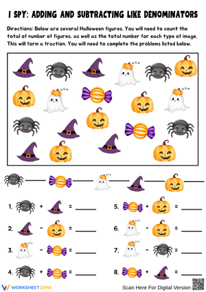 Halloween I Spy Math Worksheet – Adding and Subtracting Fractions