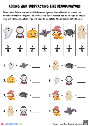 Halloween Adding and Subtracting Fractions Activity Worksheet