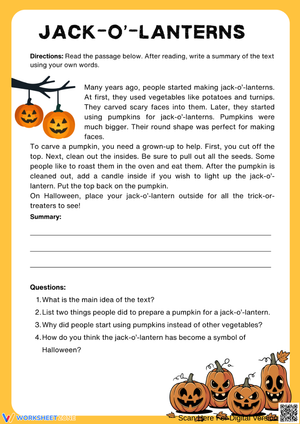 Jack-O'-Lantern Halloween Reading Comprehension Worksheet 