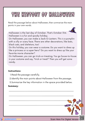 Halloween Summary Worksheet for Grade 3 - Fun Nonfiction Reading