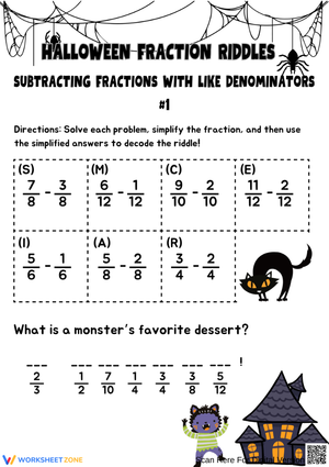 Halloween Fraction Worksheet – Subtracting Fractions Riddle