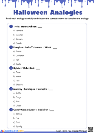 Halloween Analogies Worksheet for Grade 5