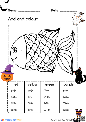 Halloween Addition Coloring Worksheet – Add Within 100