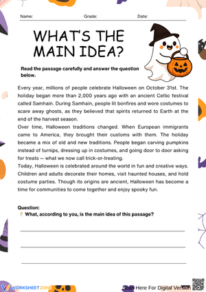 Halloween Main Idea Reading Worksheet 