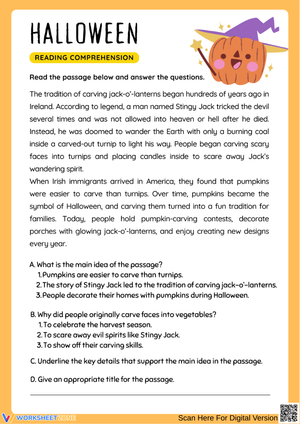 Halloween Reading Comprehension Worksheet – The Story of Jack-o’-Lanterns