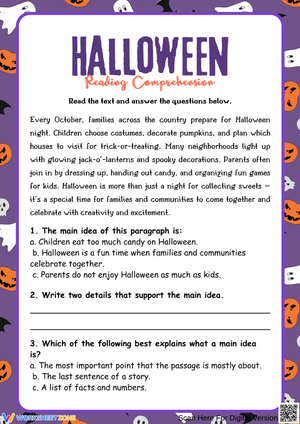 Halloween Reading Comprehension Worksheet – Finding the Main Idea