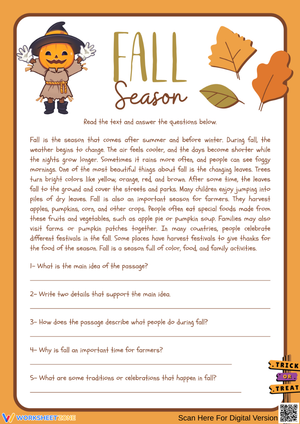 Fall Reading Comprehension Worksheet Grades 6–7