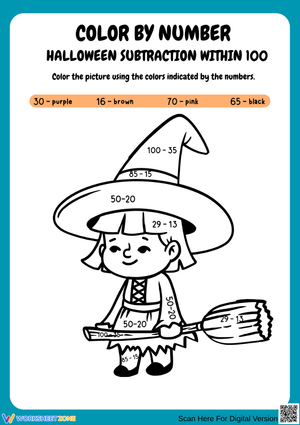 Halloween Subtraction Within 100 Color by Number Worksheet