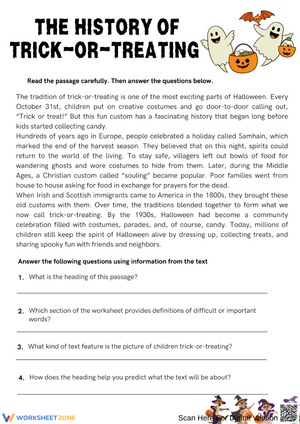 Halloween Text Features Worksheet – The History of Trick-or-Treating