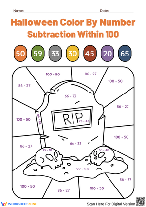 Spooky Halloween Subtraction Color by Number Worksheet