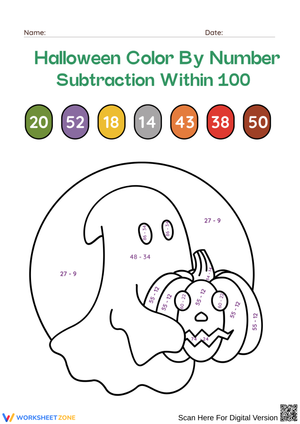 Halloween Math Coloring – Subtraction Within 100 Worksheet