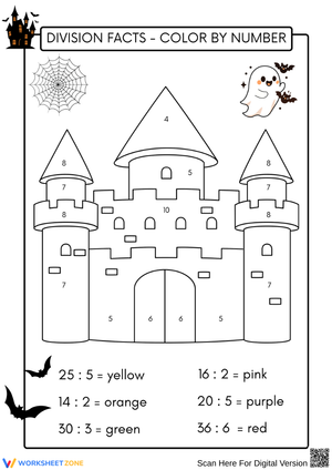 Halloween Division Facts Color by Number Worksheet