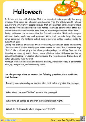 Halloween Text Features Reading Practice Worksheet