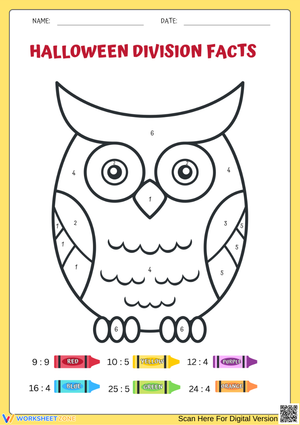 Spooky Owl Division Color by Number Worksheet