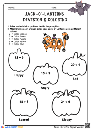 Jack-O’-Lanterns Division and Coloring Worksheet