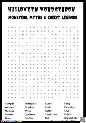 Halloween Monsters, Myths & Creepy Legends Word Search