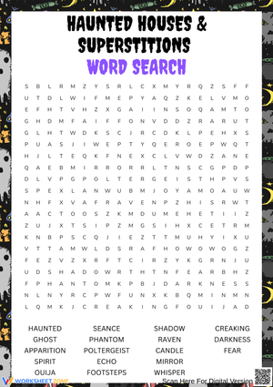 Halloween Haunted Houses & Superstitions Word Search